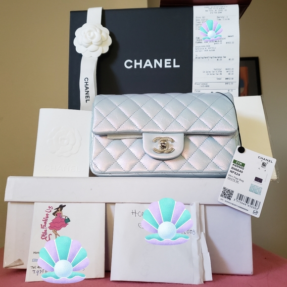 CHANEL Handbags - Chanel classic mini irridescent blue calfskin bag